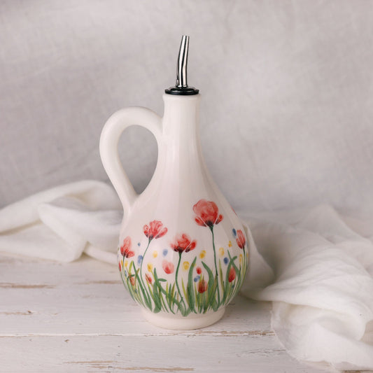 Oliera di ceramica modellata e dipinta a mano, decorata con papaveri