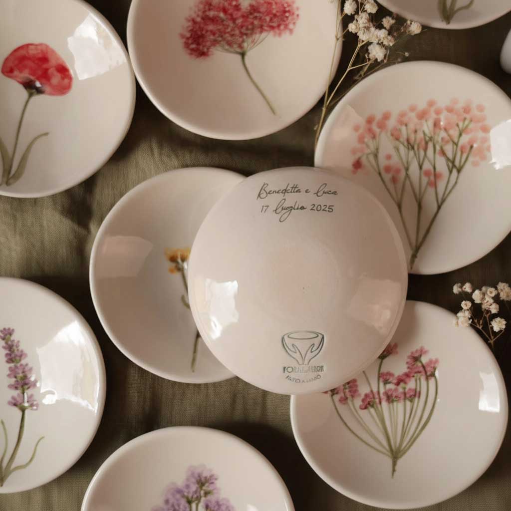 Piattini botanici fatti a mano di ceramica, personalizzabili con nome e data, bomboniere per matrimonio, battesimo, comunione, cresima